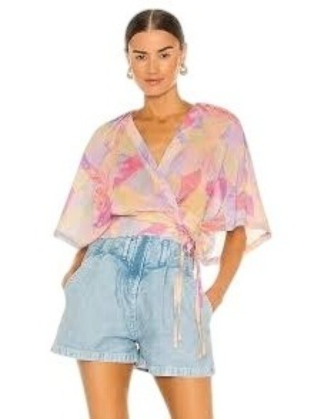 IRO Paris Pastel Wrap Top XS 36/4 Cotton Lightweight Kimono Sleeve Spring Blouse